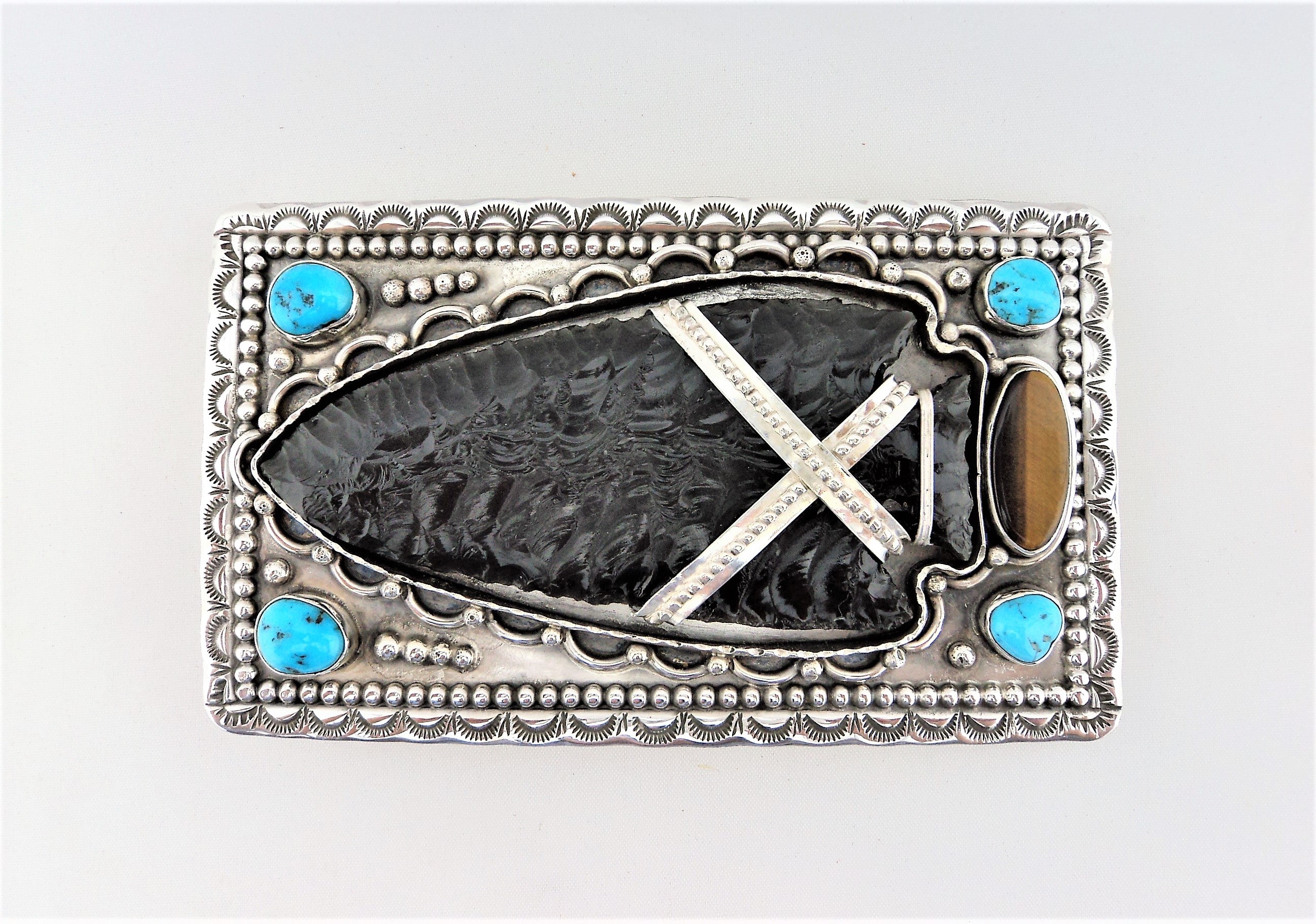 Native American Obsidian Arrowhead and Sterling Silver Belt Buckle