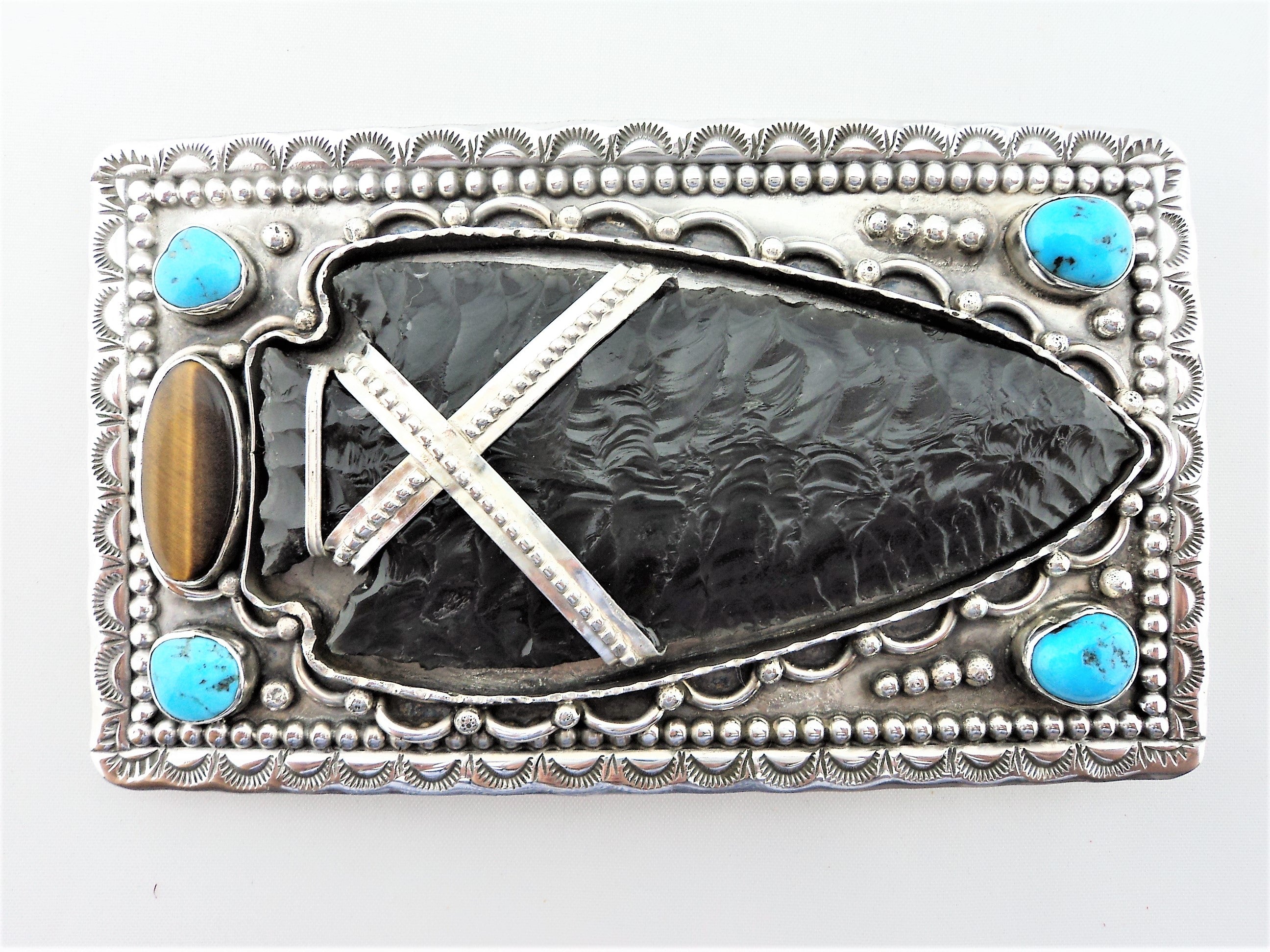 Native American Obsidian Arrowhead and Sterling Silver Belt Buckle