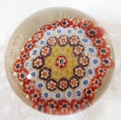 Red, White and Mauve Millefiori Glass Paperweight