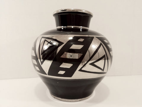 Art Deco French ODYV Black & Silver Ceramic Vase