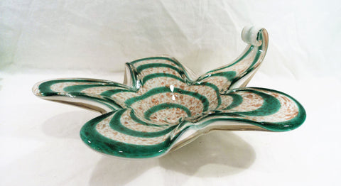 Murano Italy Biomorphic Green, White & Copper Aventurine Bowl