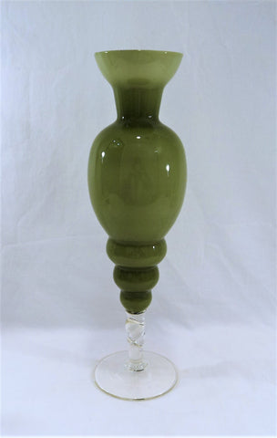 Hand-Blown Mid-Century Cased Art Glass Olive Green Vase