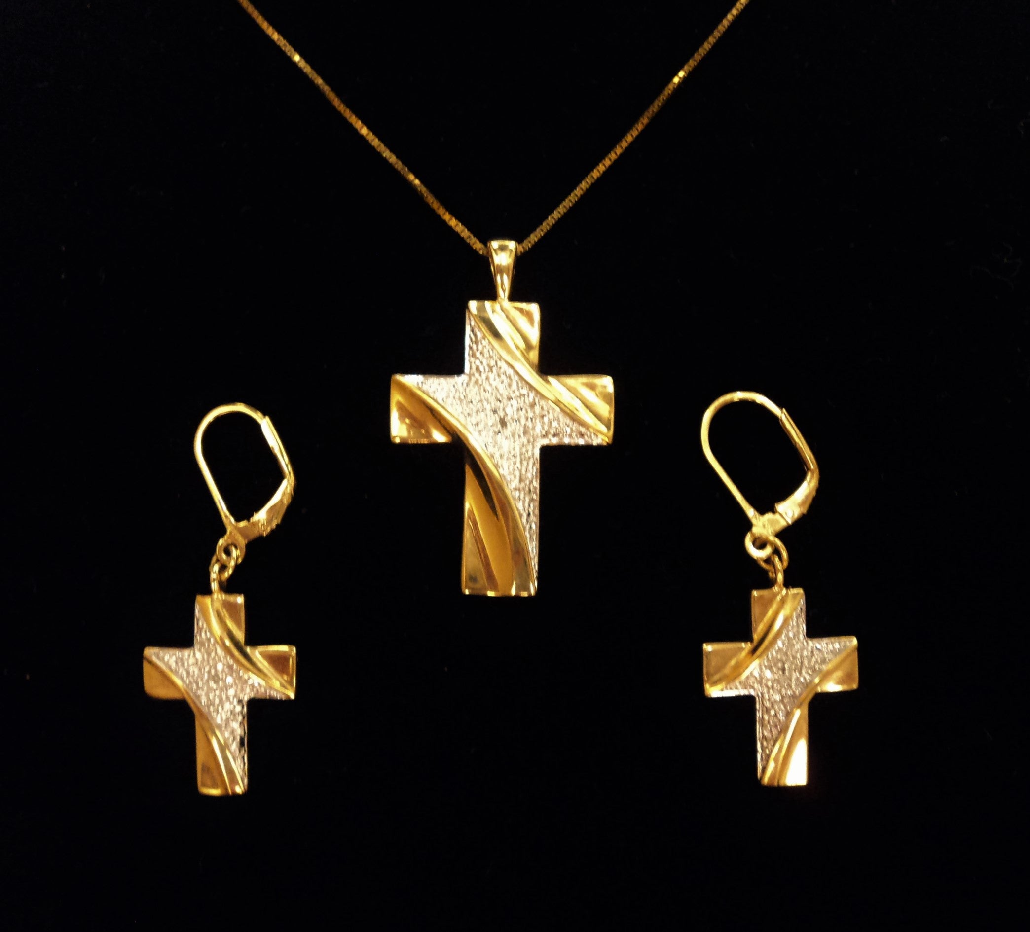 Vintage Gold Over Sterling Silver Cross Earrings and Necklace Set