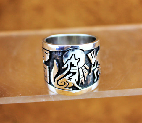 Berra Tawahongva Wolf and Kokopelli Ring