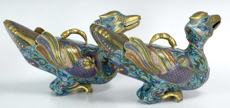 Antique Chinese Cloisonne and Brass Censer Duck Pair